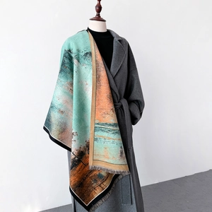 Elegant abstract oil painting landscape scarf with tassels styled over a gray wool coat