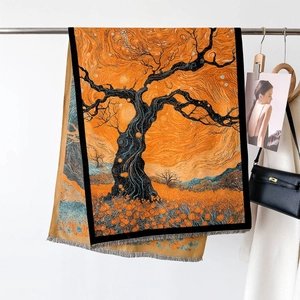 Künstlerischer Kaschmir-Gefühl Schal mit van Gogh Sternenhimmel Print und grauen Fransen