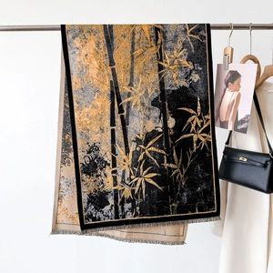 Bamboo forest jacquard shawl wrap with golden ink pattern and elegant tassel trim