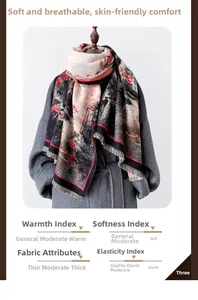 Dettaglio di sciarpa in cashmere con motivo paesaggio, trama rossa e nera e frange