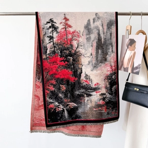 Sciarpa stile cashmere con paesaggio cinese, acero rosso e eleganti bordi a frange
