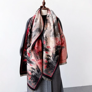 Sciarpa Scialle Invernale Da Donna Finta Cashmere Spessa Calda Stile Cinese Pittura Di Paesaggio Vintage Elegante Nappine