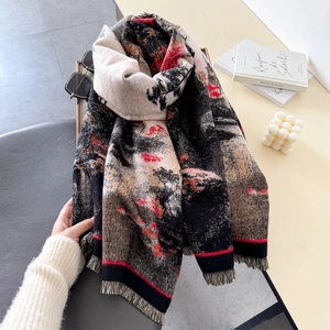 Sciarpa stile cinese con motivo paesaggistico in finto cashmere con nappe per l'inverno