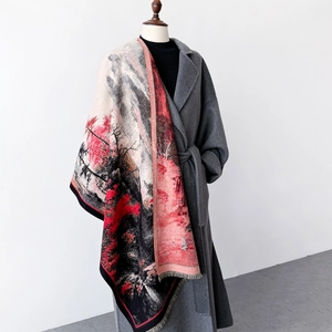 Sciarpa con stampa paesaggio invernale effetto cashmere e scialle elegante con nappe su cappotto