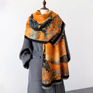 Damen Winter Schal Damenhalstuch Kaschmirimitat Dick Warm Groß Kunst Ölgemälde Stil Mit Fransen Künstlerisch Vintage Elegant