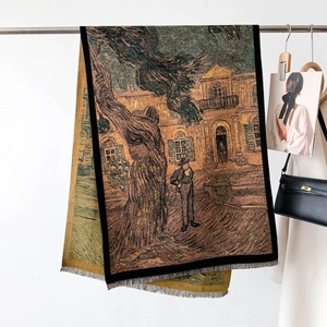 Châle style peinture à l'huile avec franges, écharpe d'hiver motif paysage d'art