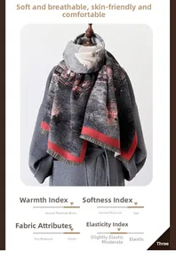 Detailed view of reversible oil painting pattern scarf with red and grey tassel edge