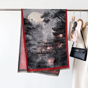 Artistic double-sided landscape print cashmere scarf with tassel edges and red border