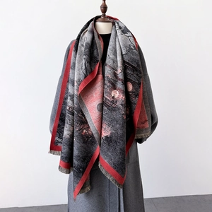 Imitation Cashmere Scarf Shawl Thick Warm Winter Oil Painting Landscape Art Print Tassel Edge Retro Elegant Wrap