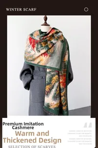 Macro view of thick landscape oil painting scarf with fringe and soft cashmere-like texture