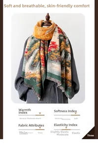 Detailed view of thick landscape oil painting scarf with tassels on grey coat
