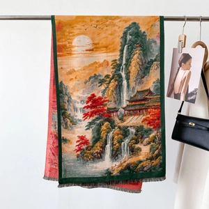 Thick landscape oil painting style scarf with tassels and artistic mountain scenery