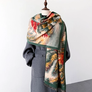 Landscape Oil Painting Scarf Shawl Elegant Imitation Cashmere Thickened Jacquard Winter Wrap With Tassels Women Artistic