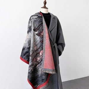 Elegant thick cashmere-like scarf featuring oil painting landscape art and red fringe