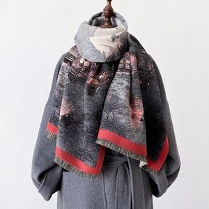 Artistic oil painting double-sided cashmere scarf with red tassels for winter