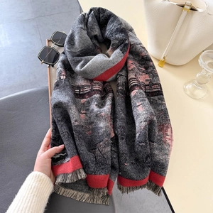 Artistic oil painting style thick cashmere scarf with grey, pink textures and tassels