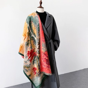 Artistic landscape oil painting thick scarf for women with elegant autumn forest pattern