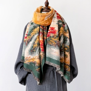 Artistic landscape oil painting thick shawl scarf with fringe and autumn forest design