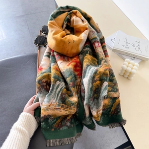 Landscape oil painting scarf with tassels in deep green and warm orange tones