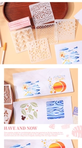 Detail showing 6-piece set of semi-transparent PET plastic stencils with floral patterns