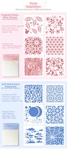 Detail view of 100x100mm PET hollow drawing stencils with nature and floral patterns