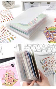 Detailed view of high-capacity PP organizer with transparent pockets and cute stickers