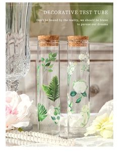 Close-up of decorative botanical glass test tubes with cork stoppers for floral decor