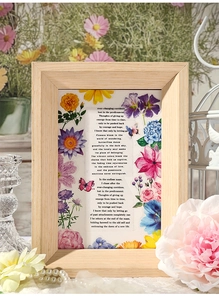 Detail of vintage floral art inside a light wood frame with butterfly and poem