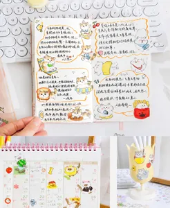 Detailed view of six cute cartoon cat PET stickers used on journals and calendars
