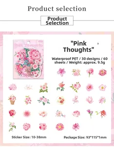 Detailed view of waterproof PET floral stickers set with 60 pieces in pink flower designs