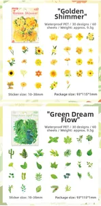 Detail of waterproof PET floral stickers in yellow and green floral sets with 60 sheets