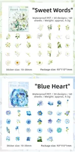 Detail view of waterproof PET floral stickers set showing blue and white plant patterns