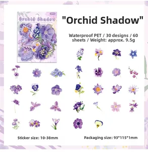 Detail of purple floral PET stickers with waterproof finish and elegant botanical motifs