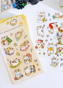 Close-up of cute cartoon cat stickers featuring various poses like painting and playing