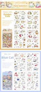 Autocollants chat en PET imperméable avec scènes aquarelles en bleu et orange