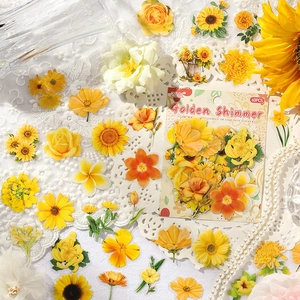60 pieces of vintage yellow floral PET stickers featuring sunflowers and daisies for journaling