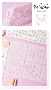 Macro detail of reusable PET drawing stencils with butterfly and rose floral patterns