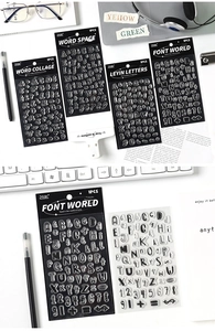 Detail of 3D alphabet and number stickers for DIY scrapbooking and journal decoration