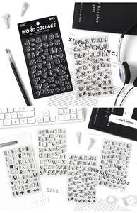 Macro view of clear alphabet and number stamps for creative journaling and scrapbooking