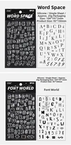 Detailed view of clear silicone stamp sets featuring alphabet and numeric designs