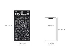 Silver embossed alphabet and number sticker sheet with detailed size comparison to phone