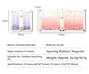 Detailed dimensions of portable acrylic magnetic 8 and 15 grid watercolor paint palettes