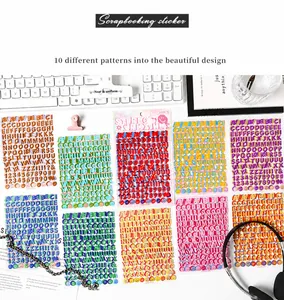 Flat lay of 10-piece colorful 3D alphabet and number PET sticker sheets on a desk