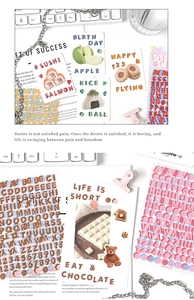 Detail van Koreaanse stijl PET stickers met alfabetten en getekende illustraties