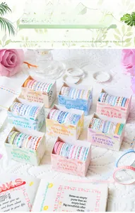 Detailed view of 8 boxes of aesthetic washi tape sets with various patterns and floral themes