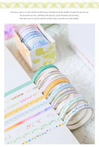 Detailed view of 10 assorted pastel washi tape rolls with floral and plaid patterns