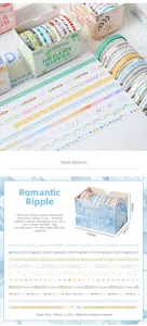 Detail of 50mm washi tape showing soft pastel plaid patterns and sizing information