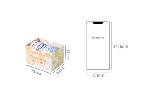 Size comparison of 10-roll blue washi tape set in yellow box next to an iPhone 12