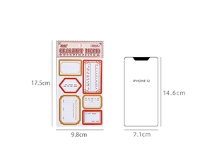 Groottevergelijking van vintage framestickers naast een iPhone 12 voor schaal