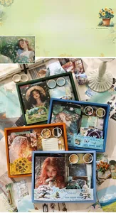 Detailed view of the 124-piece vintage poetic scrapbook gift set with stickers and tapes